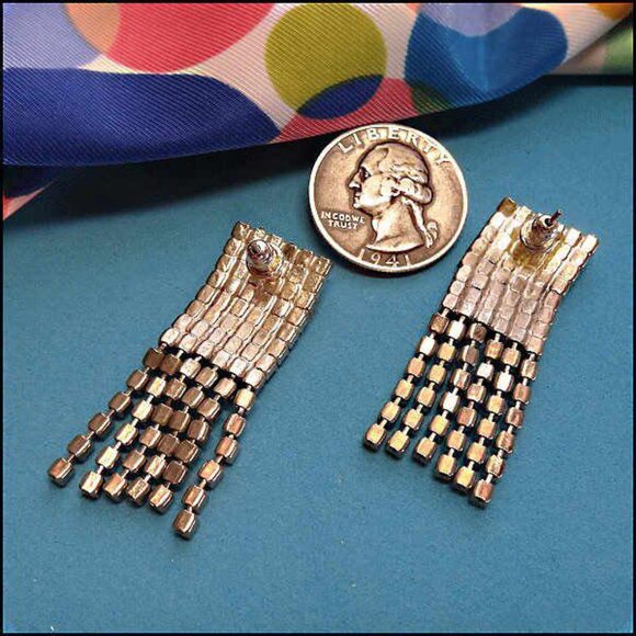 1950s Art Deco Chandelier Pierced Earrings Chic Cube Rhinestone Midis - Picture 6 of 6